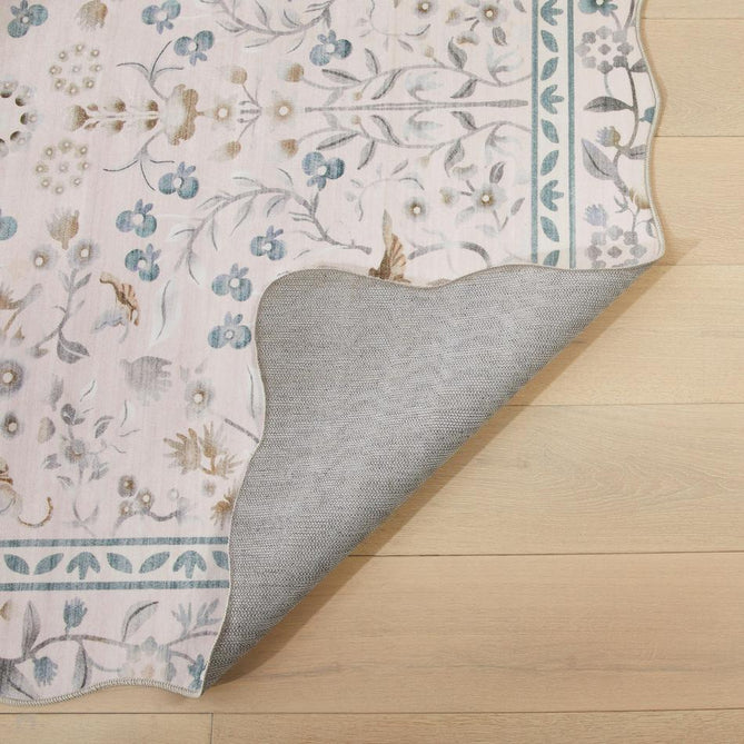 Washable Liberty LIB305 Modern Traditional Floral Botanical Scallop Border Easy-Care Soft Smooth Velvet Touch Polyester Short Pile Flatweave Dusty Pink/Pale Blush/Powder Blue/ Soft Taupe/Pearl White/Muted Sage/Grey Rug-Concept Looms-Rug Love - The Most Loved Rug Store