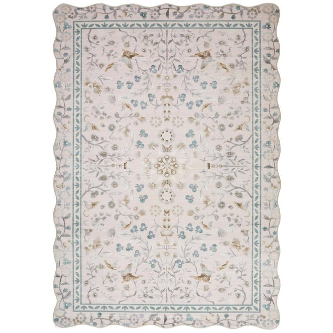 Washable Liberty LIB305 Modern Traditional Floral Botanical Scallop Border Easy-Care Soft Smooth Velvet Touch Polyester Short Pile Flatweave Dusty Pink/Pale Blush/Powder Blue/ Soft Taupe/Pearl White/Muted Sage/Grey Rug-Concept Looms-Rug Love - The Most Loved Rug Store