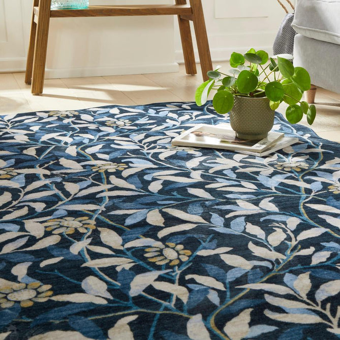 Washable Liberty LIB306 Modern Traditional Floral Botanical Scallop Border Easy-Care Soft Smooth Velvet Touch Polyester Short Pile Flatweave Navy/Ivory/Sky/Slate Blue/Pale Yellow/Light Taupe Rug-Concept Looms-Rug Love - The Most Loved Rug Store