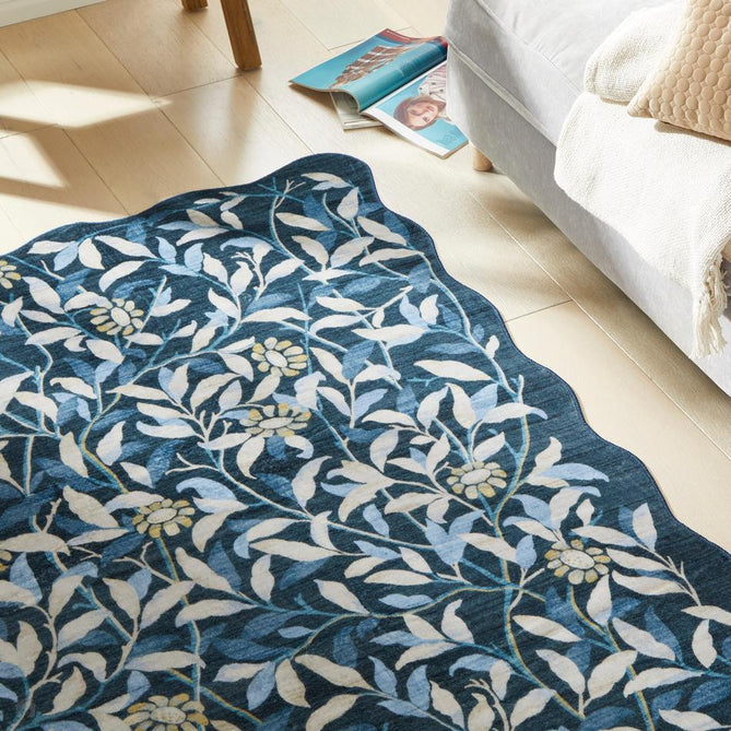 Washable Liberty LIB306 Modern Traditional Floral Botanical Scallop Border Easy-Care Soft Smooth Velvet Touch Polyester Short Pile Flatweave Navy/Ivory/Sky/Slate Blue/Pale Yellow/Light Taupe Rug-Concept Looms-Rug Love - The Most Loved Rug Store