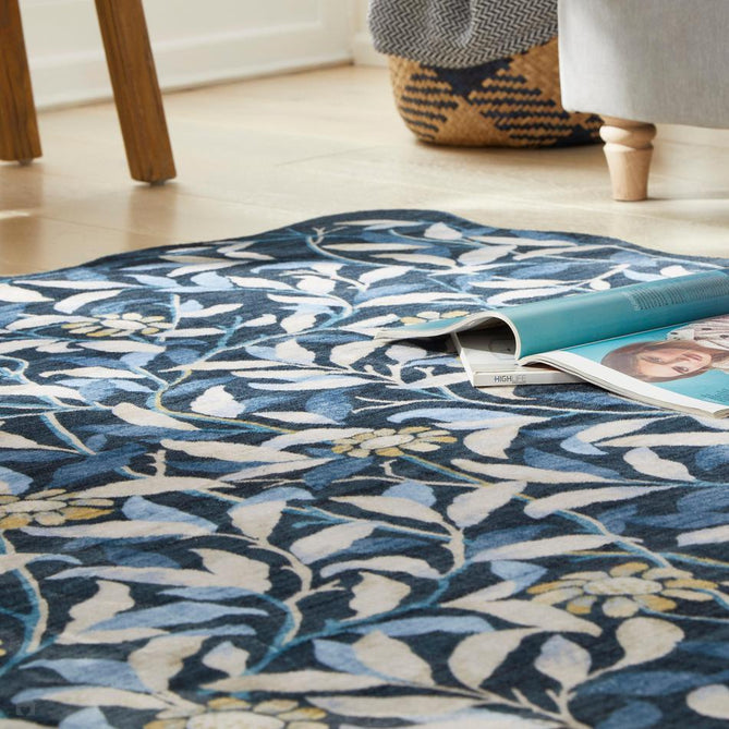 Washable Liberty LIB306 Modern Traditional Floral Botanical Scallop Border Easy-Care Soft Smooth Velvet Touch Polyester Short Pile Flatweave Navy/Ivory/Sky/Slate Blue/Pale Yellow/Light Taupe Rug-Concept Looms-Rug Love - The Most Loved Rug Store