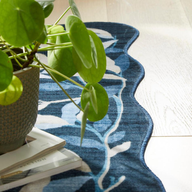 Washable Liberty LIB306 Modern Traditional Floral Botanical Scallop Border Easy-Care Soft Smooth Velvet Touch Polyester Short Pile Flatweave Navy/Ivory/Sky/Slate Blue/Pale Yellow/Light Taupe Rug-Concept Looms-Rug Love - The Most Loved Rug Store