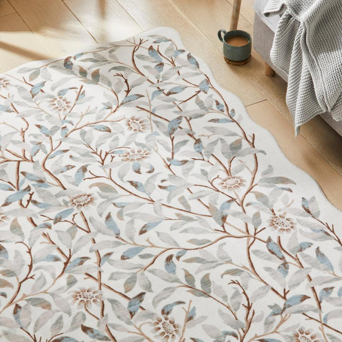 Washable Liberty LIB307 Modern Traditional Floral Botanical Scallop Border Easy-Care Soft Smooth Velvet Touch Polyester Short Pile Flatweave Ivory/Quarry Blue/Taupe/Soft Grey/Brown/Muted Green Rug-Concept Looms-Rug Love - The Most Loved Rug Store