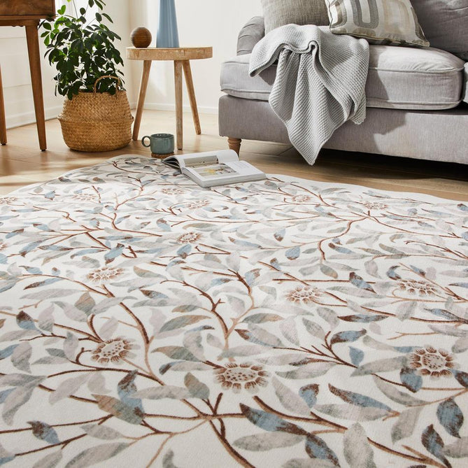Washable Liberty LIB307 Modern Traditional Floral Botanical Scallop Border Easy-Care Soft Smooth Velvet Touch Polyester Short Pile Flatweave Ivory/Quarry Blue/Taupe/Soft Grey/Brown/Muted Green Rug-Concept Looms-Rug Love - The Most Loved Rug Store