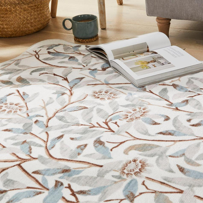 Washable Liberty LIB307 Modern Traditional Floral Botanical Scallop Border Easy-Care Soft Smooth Velvet Touch Polyester Short Pile Flatweave Ivory/Quarry Blue/Taupe/Soft Grey/Brown/Muted Green Rug-Concept Looms-Rug Love - The Most Loved Rug Store