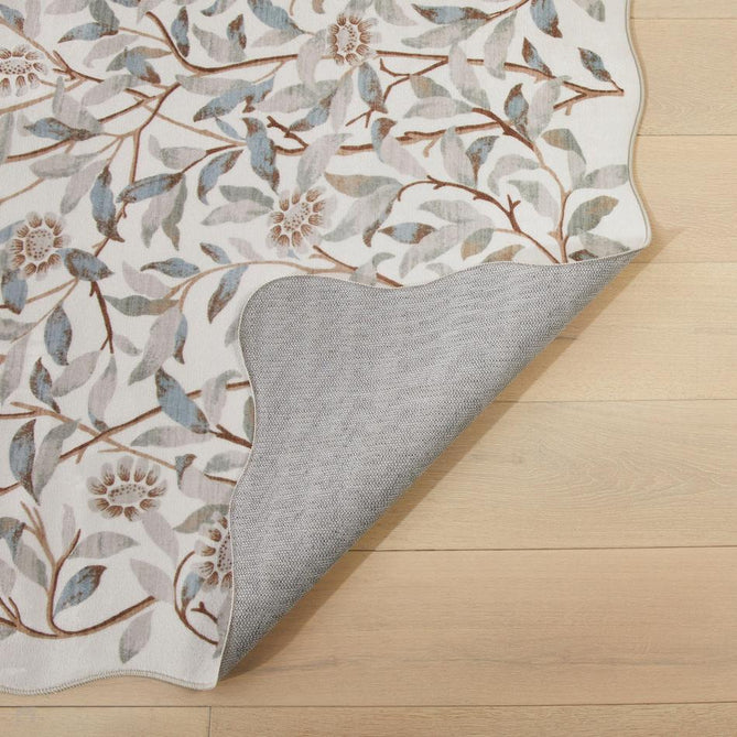 Washable Liberty LIB307 Modern Traditional Floral Botanical Scallop Border Easy-Care Soft Smooth Velvet Touch Polyester Short Pile Flatweave Ivory/Quarry Blue/Taupe/Soft Grey/Brown/Muted Green Rug-Concept Looms-Rug Love - The Most Loved Rug Store