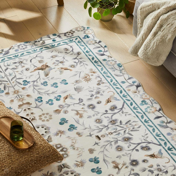 Washable Liberty LIB308 Modern Traditional Floral Botanical Scallop Border Easy-Care Soft Smooth Velvet Touch Polyester Short Pile Flatweave Ivory/Taupe/Teal/Stone Grey/Warm Beige/Charcoal/Soft Blue Grey Rug-Concept Looms-Rug Love - The Most Loved Rug Store