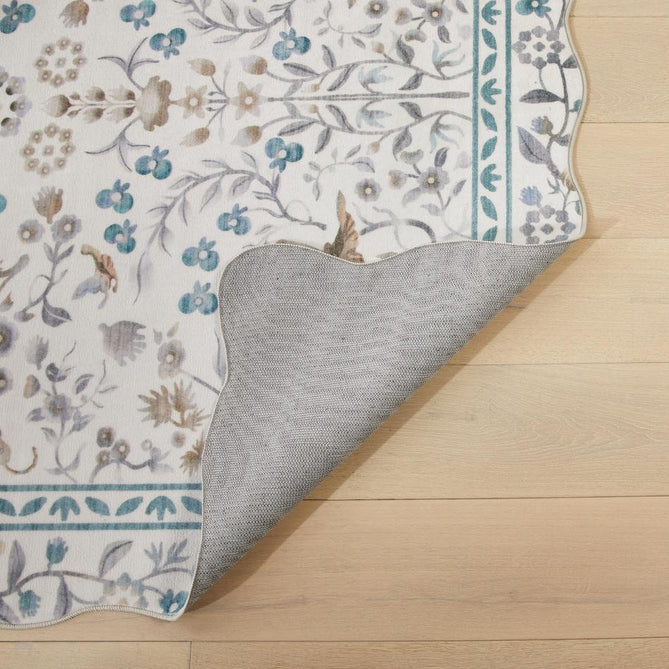 Washable Liberty LIB308 Modern Traditional Floral Botanical Scallop Border Easy-Care Soft Smooth Velvet Touch Polyester Short Pile Flatweave Ivory/Taupe/Teal/Stone Grey/Warm Beige/Charcoal/Soft Blue Grey Rug-Concept Looms-Rug Love - The Most Loved Rug Store