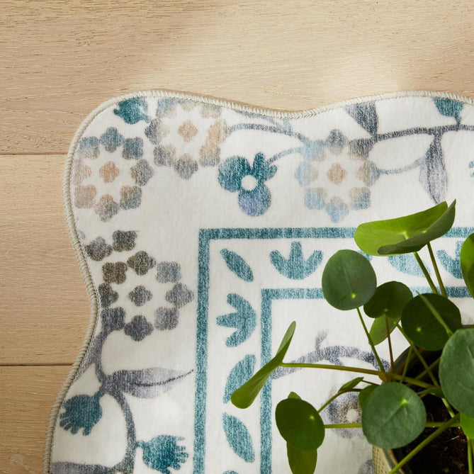 Washable Liberty LIB308 Modern Traditional Floral Botanical Scallop Border Easy-Care Soft Smooth Velvet Touch Polyester Short Pile Flatweave Ivory/Taupe/Teal/Stone Grey/Warm Beige/Charcoal/Soft Blue Grey Rug-Concept Looms-Rug Love - The Most Loved Rug Store
