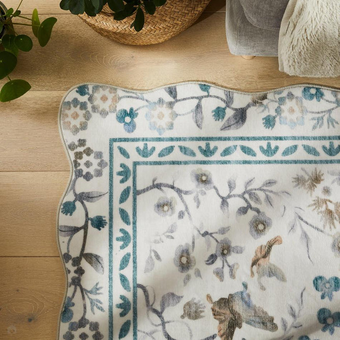 Washable Liberty LIB308 Modern Traditional Floral Botanical Scallop Border Easy-Care Soft Smooth Velvet Touch Polyester Short Pile Flatweave Ivory/Taupe/Teal/Stone Grey/Warm Beige/Charcoal/Soft Blue Grey Rug-Concept Looms-Rug Love - The Most Loved Rug Store