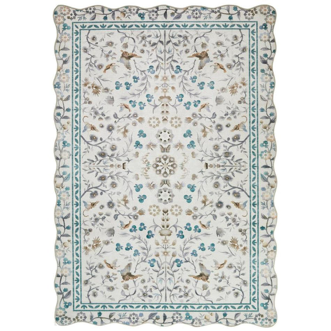 Washable Liberty LIB308 Modern Traditional Floral Botanical Scallop Border Easy-Care Soft Smooth Velvet Touch Polyester Short Pile Flatweave Ivory/Taupe/Teal/Stone Grey/Warm Beige/Charcoal/Soft Blue Grey Rug-Concept Looms-Rug Love - The Most Loved Rug Store