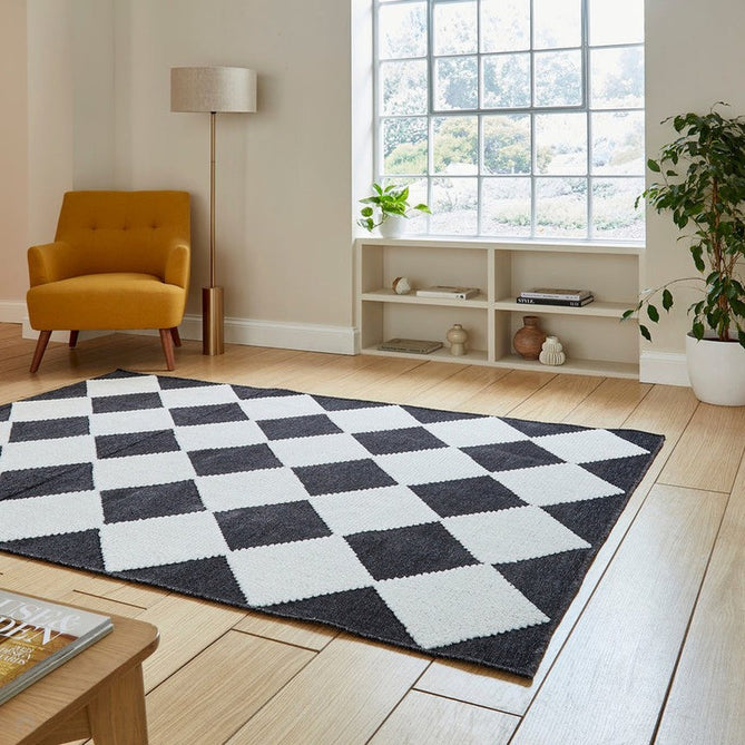 Washable Lyna J0529 Modern Harlequin Checkerboard Diamond Soft-Touch Carved Hi-Lo Ribbed Multi-Textured Polyblend Charcoal/White Rug-Think Rugs-Rug Love - The Most Loved Rug Store