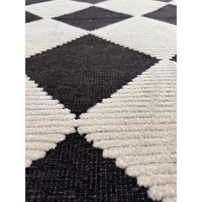 Washable Lyna J0529 Modern Harlequin Checkerboard Diamond Soft-Touch Carved Hi-Lo Ribbed Multi-Textured Polyblend Charcoal/White Rug-Think Rugs-Rug Love - The Most Loved Rug Store