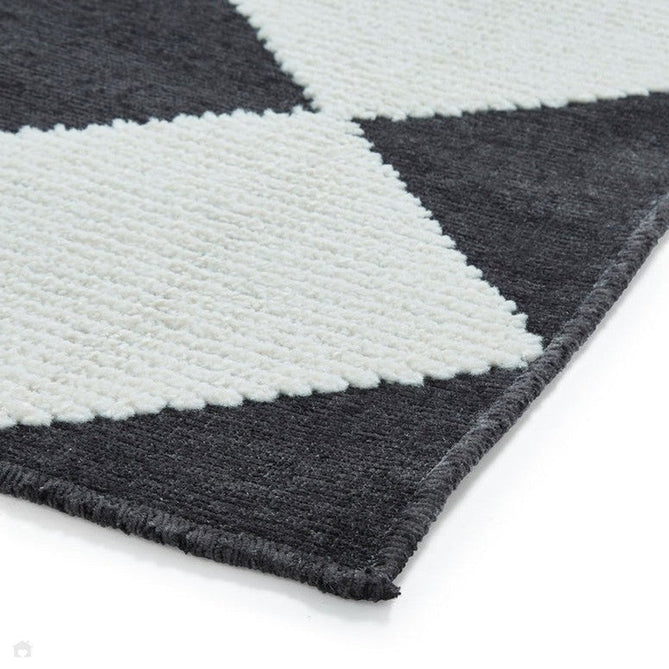 Washable Lyna J0529 Modern Harlequin Checkerboard Diamond Soft-Touch Carved Hi-Lo Ribbed Multi-Textured Polyblend Charcoal/White Rug-Think Rugs-Rug Love - The Most Loved Rug Store
