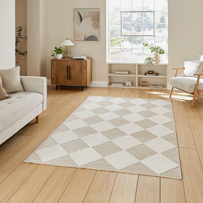 Washable Lyna J0529 Modern Harlequin Checkerboard Diamond Soft-Touch Carved Hi-Lo Ribbed Multi-Textured Polyblend Cream/Beige Rug-Think Rugs-Rug Love - The Most Loved Rug Store