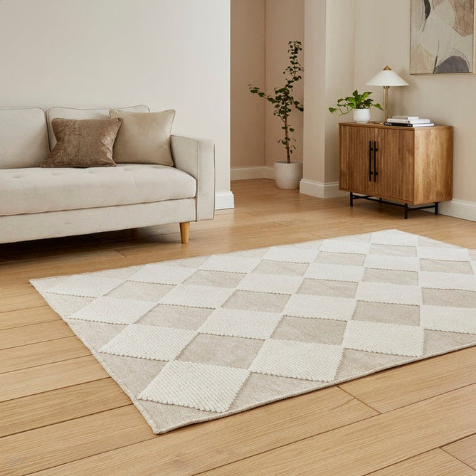 Washable Lyna J0529 Modern Harlequin Checkerboard Diamond Soft-Touch Carved Hi-Lo Ribbed Multi-Textured Polyblend Cream/Beige Rug-Think Rugs-Rug Love - The Most Loved Rug Store