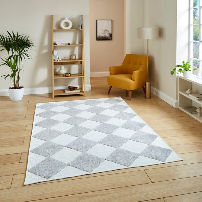 Washable Lyna J0529 Modern Harlequin Checkerboard Diamond Soft-Touch Carved Hi-Lo Ribbed Multi-Textured Polyblend Cream/Grey Rug-Think Rugs-Rug Love - The Most Loved Rug Store