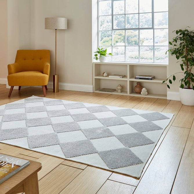 Washable Lyna J0529 Modern Harlequin Checkerboard Diamond Soft-Touch Carved Hi-Lo Ribbed Multi-Textured Polyblend Cream/Grey Rug-Think Rugs-Rug Love - The Most Loved Rug Store