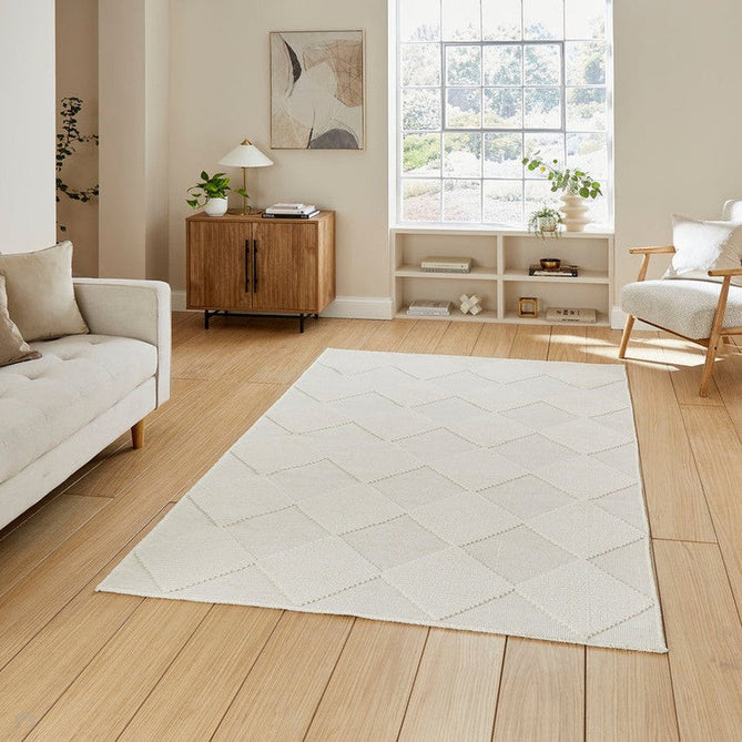 Washable Lyna J0529 Modern Harlequin Checkerboard Diamond Soft-Touch Carved Hi-Lo Ribbed Multi-Textured Polyblend Cream/Ivory Rug-Think Rugs-Rug Love - The Most Loved Rug Store