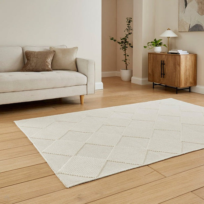 Washable Lyna J0529 Modern Harlequin Checkerboard Diamond Soft-Touch Carved Hi-Lo Ribbed Multi-Textured Polyblend Cream/Ivory Rug-Think Rugs-Rug Love - The Most Loved Rug Store