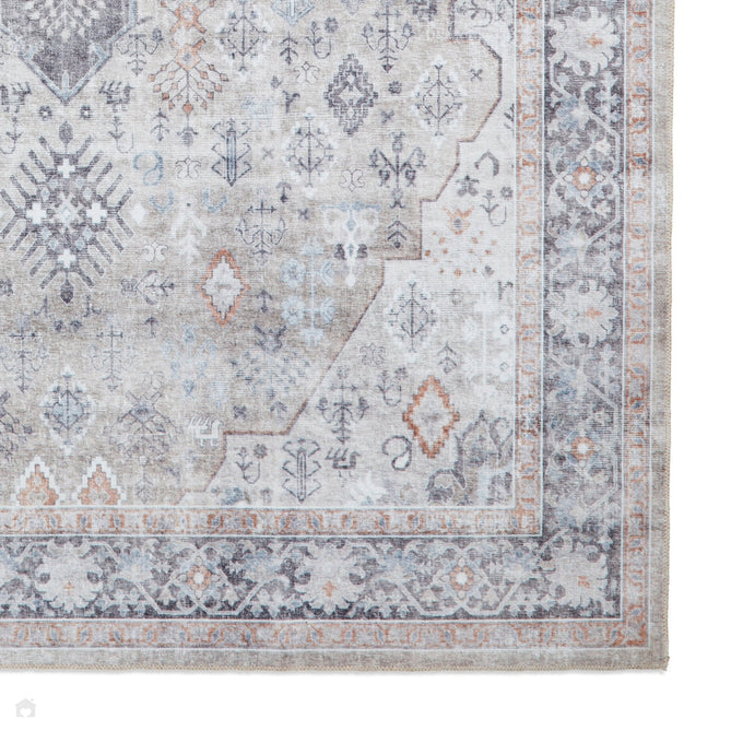 Washable Tabriz H1156 Traditional Vintage Distressed Medallion Border Polyester Flatweave Beige Rug-Think Rugs-Rug Love - The Most Loved Rug Store