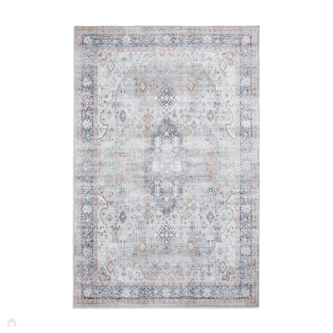 Washable Tabriz H1156 Traditional Vintage Distressed Medallion Border Polyester Flatweave Beige Rug-Think Rugs-Rug Love - The Most Loved Rug Store
