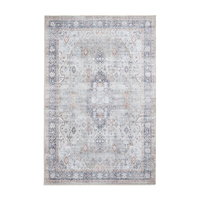 Washable Tabriz H1156 Traditional Vintage Distressed Medallion Border Polyester Flatweave Beige Rug-Think Rugs-Rug Love - The Most Loved Rug Store