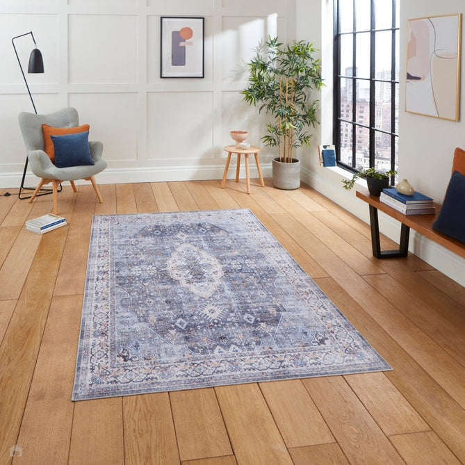 Washable Tabriz H1156 Traditional Vintage Distressed Medallion Border Polyester Flatweave Blue Rug 120 x 170 cm-Shop Returns-Rug Love - The Most Loved Rug Store