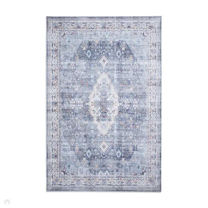 Washable Tabriz H1156 Traditional Vintage Distressed Medallion Border Polyester Flatweave Blue Rug 120 x 170 cm-Shop Returns-Rug Love - The Most Loved Rug Store