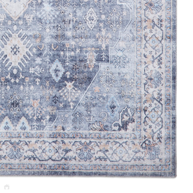 Washable Tabriz H1156 Traditional Vintage Distressed Medallion Border Polyester Flatweave Blue Rug 120 x 170 cm-Shop Returns-Rug Love - The Most Loved Rug Store
