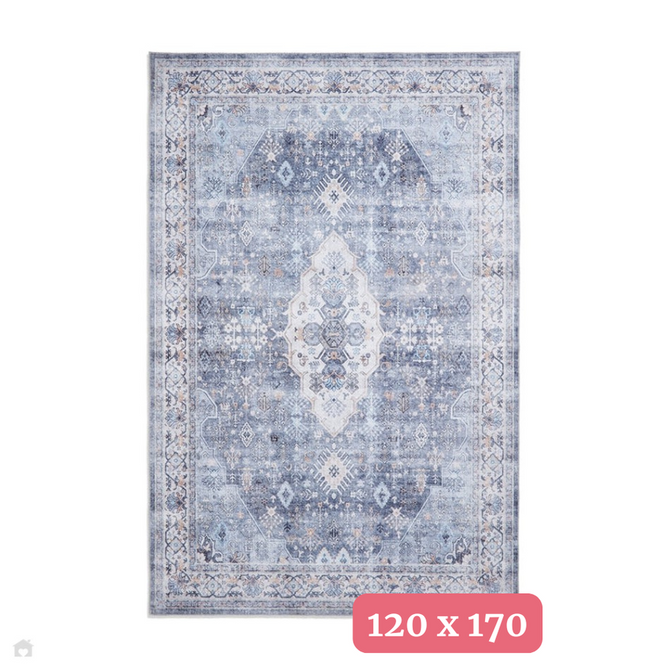 Washable Tabriz H1156 Traditional Vintage Distressed Medallion Border Polyester Flatweave Blue Rug 120 x 170 cm-Shop Returns-Rug Love - The Most Loved Rug Store