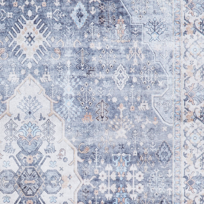Washable Tabriz H1156 Traditional Vintage Distressed Medallion Border Polyester Flatweave Blue Rug-Think Rugs-Rug Love - The Most Loved Rug Store