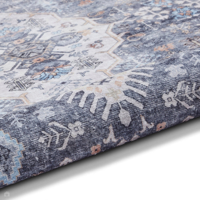 Washable Tabriz H1156 Traditional Vintage Distressed Medallion Border Polyester Flatweave Blue Rug-Think Rugs-Rug Love - The Most Loved Rug Store