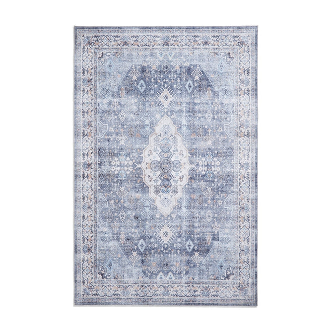 Washable Tabriz H1156 Traditional Vintage Distressed Medallion Border Polyester Flatweave Blue Rug-Think Rugs-Rug Love - The Most Loved Rug Store