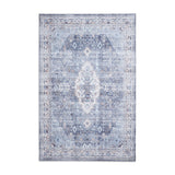 Washable Tabriz H1156 Traditional Vintage Distressed Medallion Border Polyester Flatweave Blue Rug