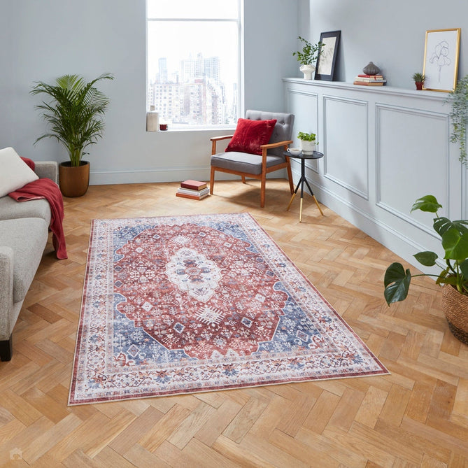Washable Tabriz H1156 Traditional Vintage Distressed Medallion Border Polyester Flatweave Red Rug-Think Rugs-Rug Love - The Most Loved Rug Store