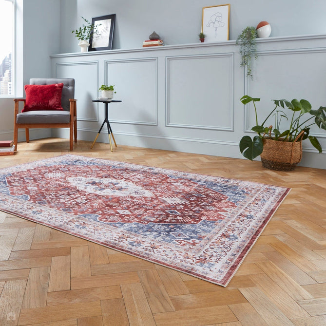 Washable Tabriz H1156 Traditional Vintage Distressed Medallion Border Polyester Flatweave Red Rug-Think Rugs-Rug Love - The Most Loved Rug Store