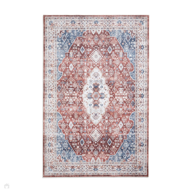 Washable Tabriz H1156 Traditional Vintage Distressed Medallion Border Polyester Flatweave Red Rug-Think Rugs-Rug Love - The Most Loved Rug Store