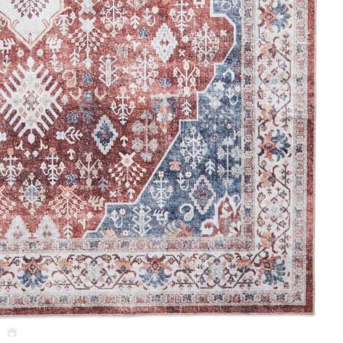 Washable Tabriz H1156 Traditional Vintage Distressed Medallion Border Polyester Flatweave Red Rug-Think Rugs-Rug Love - The Most Loved Rug Store