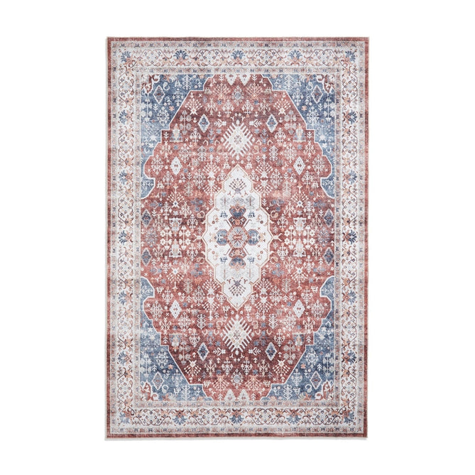 Washable Tabriz H1156 Traditional Vintage Distressed Medallion Border Polyester Flatweave Red Rug-Think Rugs-Rug Love - The Most Loved Rug Store