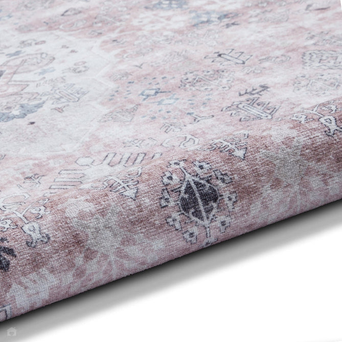 Washable Tabriz H1156 Traditional Vintage Distressed Medallion Border Polyester Flatweave Rose Pink Rug-Think Rugs-Rug Love - The Most Loved Rug Store
