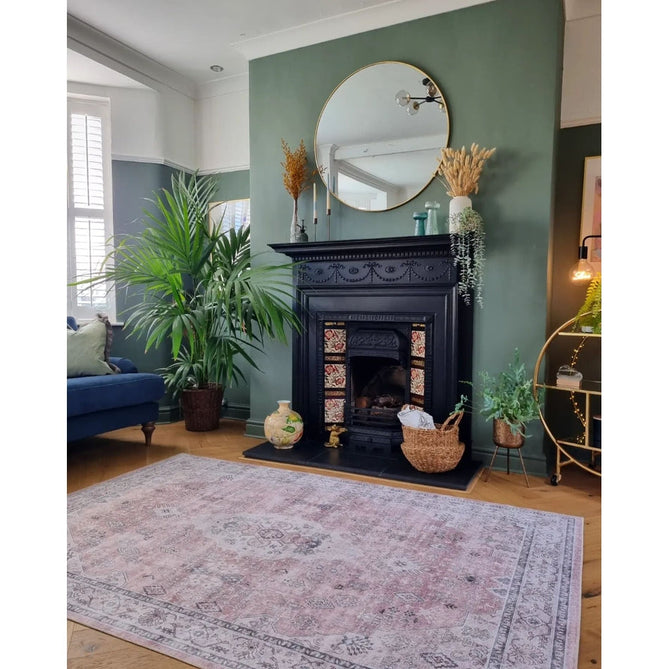 Washable Tabriz H1156 Traditional Vintage Distressed Medallion Border Polyester Flatweave Rose Pink Rug-Think Rugs-Rug Love - The Most Loved Rug Store