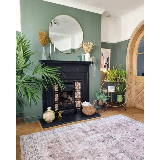 Washable Tabriz H1156 Traditional Vintage Distressed Medallion Border Polyester Flatweave Rose Pink Rug-Think Rugs-Rug Love - The Most Loved Rug Store