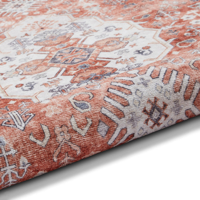 Washable Tabriz H1156 Traditional Vintage Distressed Medallion Border Polyester Flatweave Terracotta Rug-Think Rugs-Rug Love - The Most Loved Rug Store
