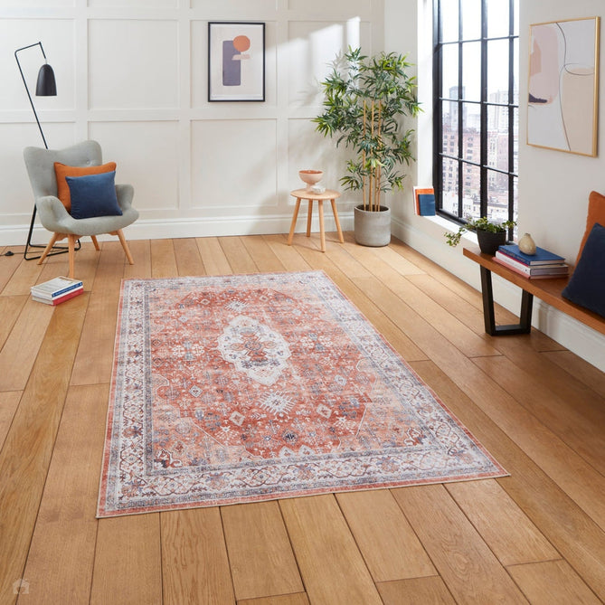Washable Tabriz H1156 Traditional Vintage Distressed Medallion Border Polyester Flatweave Terracotta Rug-Think Rugs-Rug Love - The Most Loved Rug Store