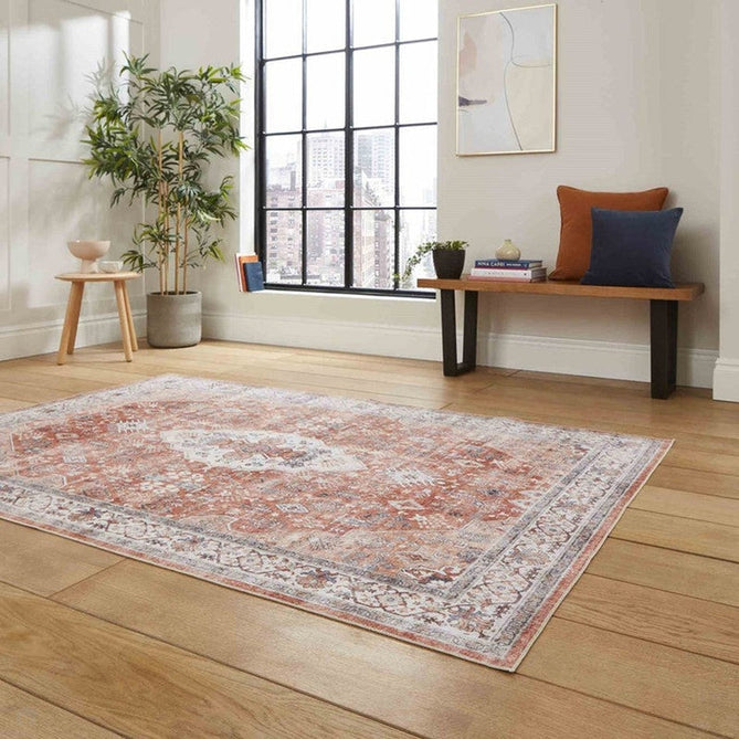 Washable Tabriz H1156 Traditional Vintage Distressed Medallion Border Polyester Flatweave Terracotta Rug-Think Rugs-Rug Love - The Most Loved Rug Store