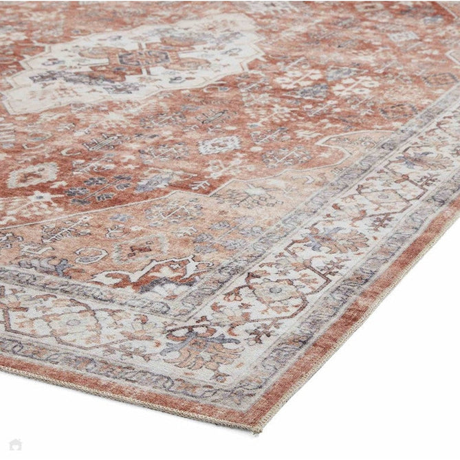 Washable Tabriz H1156 Traditional Vintage Distressed Medallion Border Polyester Flatweave Terracotta Rug-Think Rugs-Rug Love - The Most Loved Rug Store
