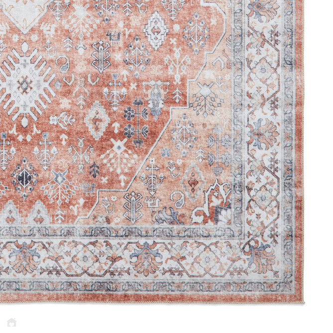 Washable Tabriz H1156 Traditional Vintage Distressed Medallion Border Polyester Flatweave Terracotta Rug-Think Rugs-Rug Love - The Most Loved Rug Store