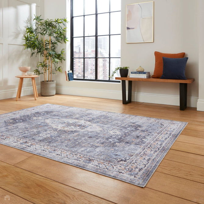 Washable Tabriz H1156 Traditional Vintage Distressed Medallion Border Textured Lightweight Printed Polyester Flatweave Blue Rug-Think Rugs-Rug Love - The Most Loved Rug Store