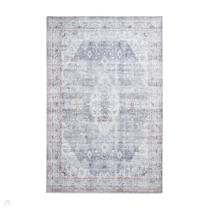 Washable Tabriz H1156 Traditional Vintage Distressed Medallion Border Textured Lightweight Printed Polyester Flatweave Grey Rug-Think Rugs-Rug Love - The Most Loved Rug Store